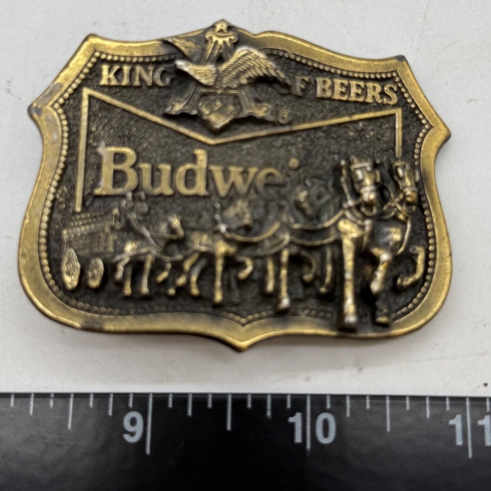 Vintage 1982 Budweiser Clydesdales Brass Belt Buckle Serial Numbered H1095 USA